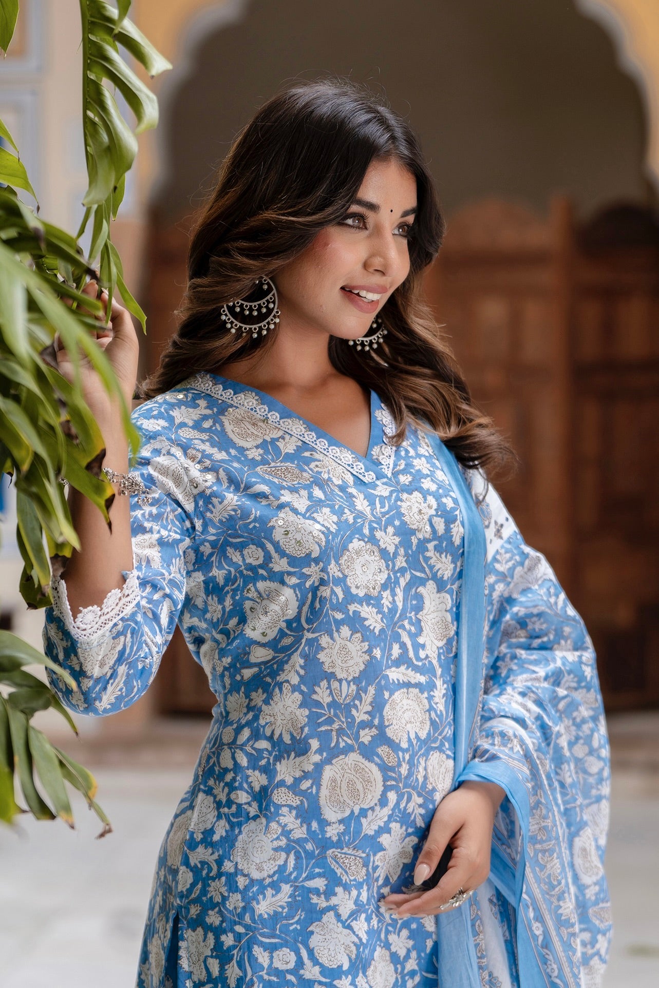 Sana - Blue Lacework Floral Printed Cotton Kurta Set with Dupatta