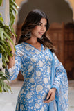 Sana - Blue Lacework Floral Printed Cotton Kurta Set with Dupatta