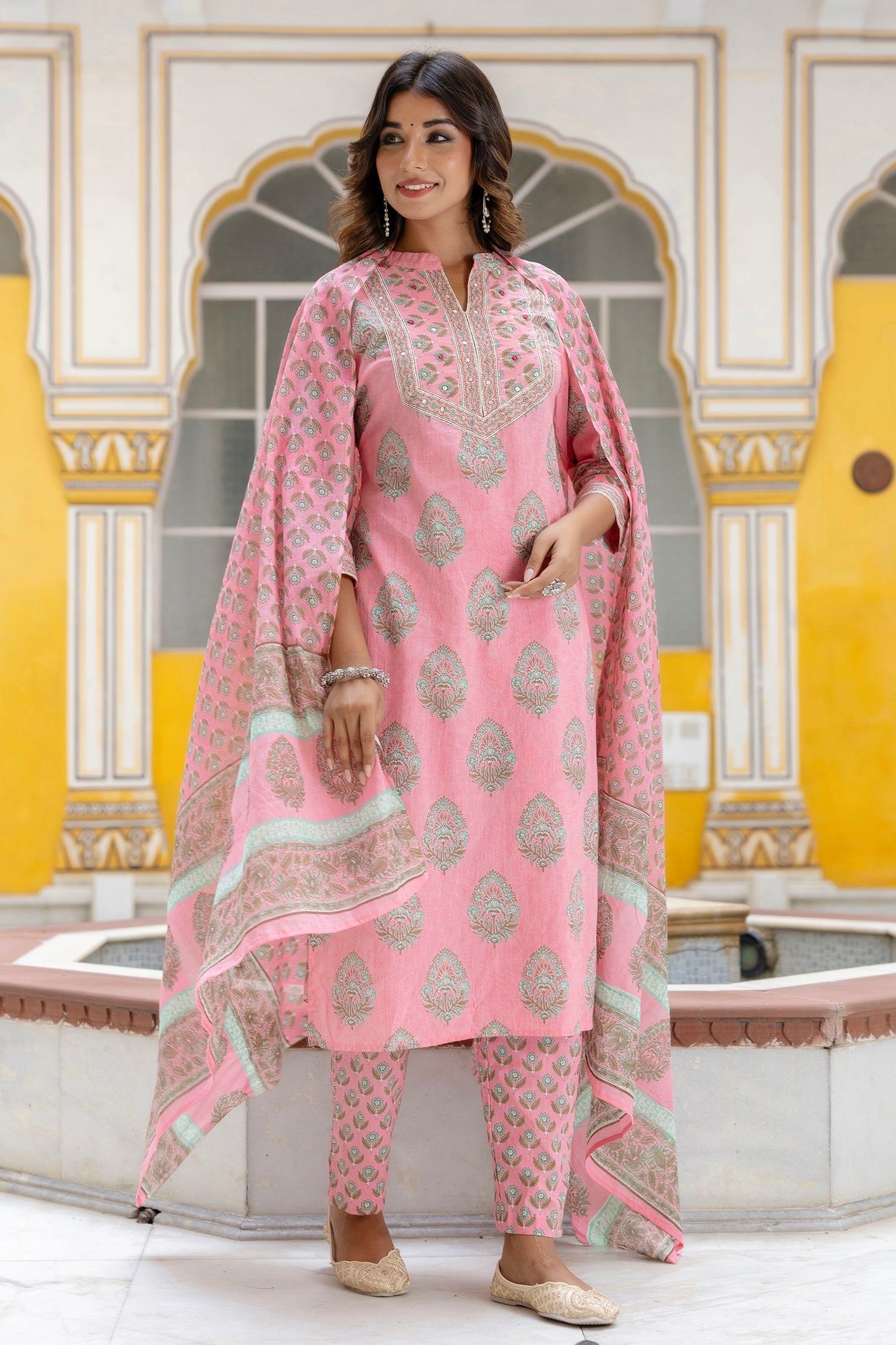 Harper - Pink Motif Printed Yoke Design Cotton Kurta Set with Dupatta