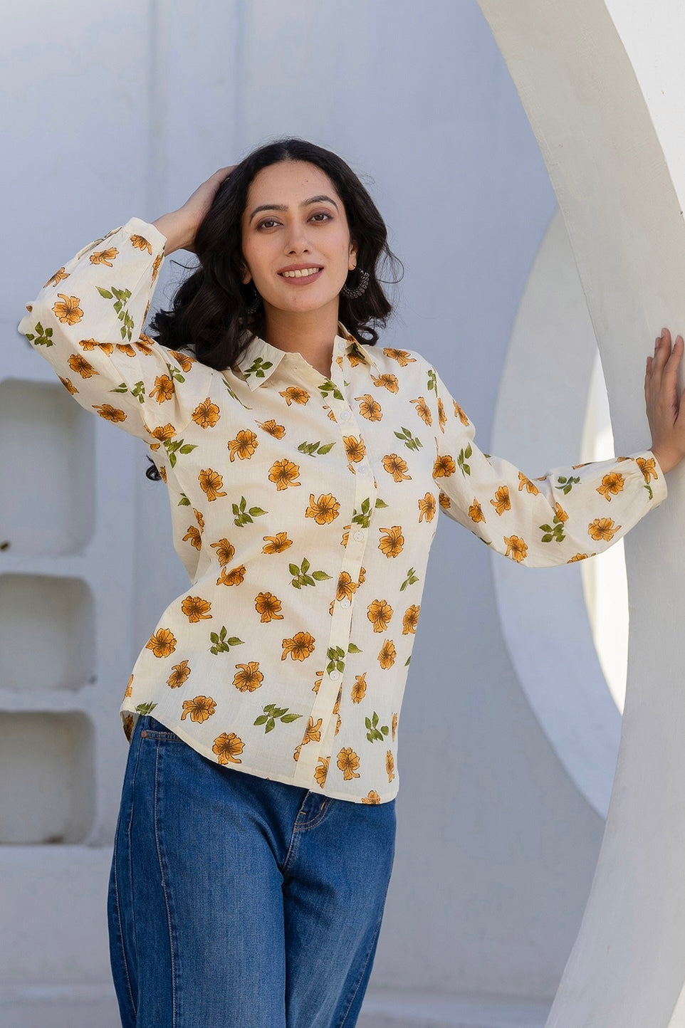 Mari - Yellow Floral Printed Cotton Shirt