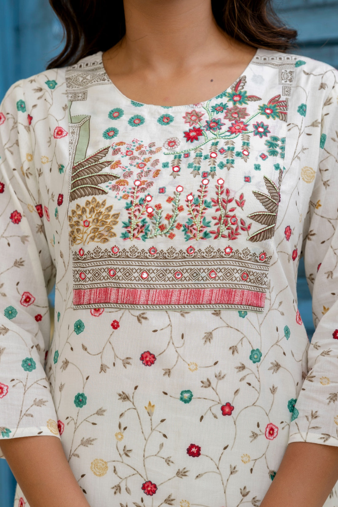 Off White and Green Cotton Lined Kurta Set with Trousers and Dupatta