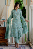 Sonia - Green Front Open Everyday Wear Cotton Kurta Set with Dupatta