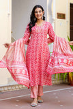 Sejal - Pink Ethnic Printed Front Pleated A-line Cotton Kurta Set with Dupatta