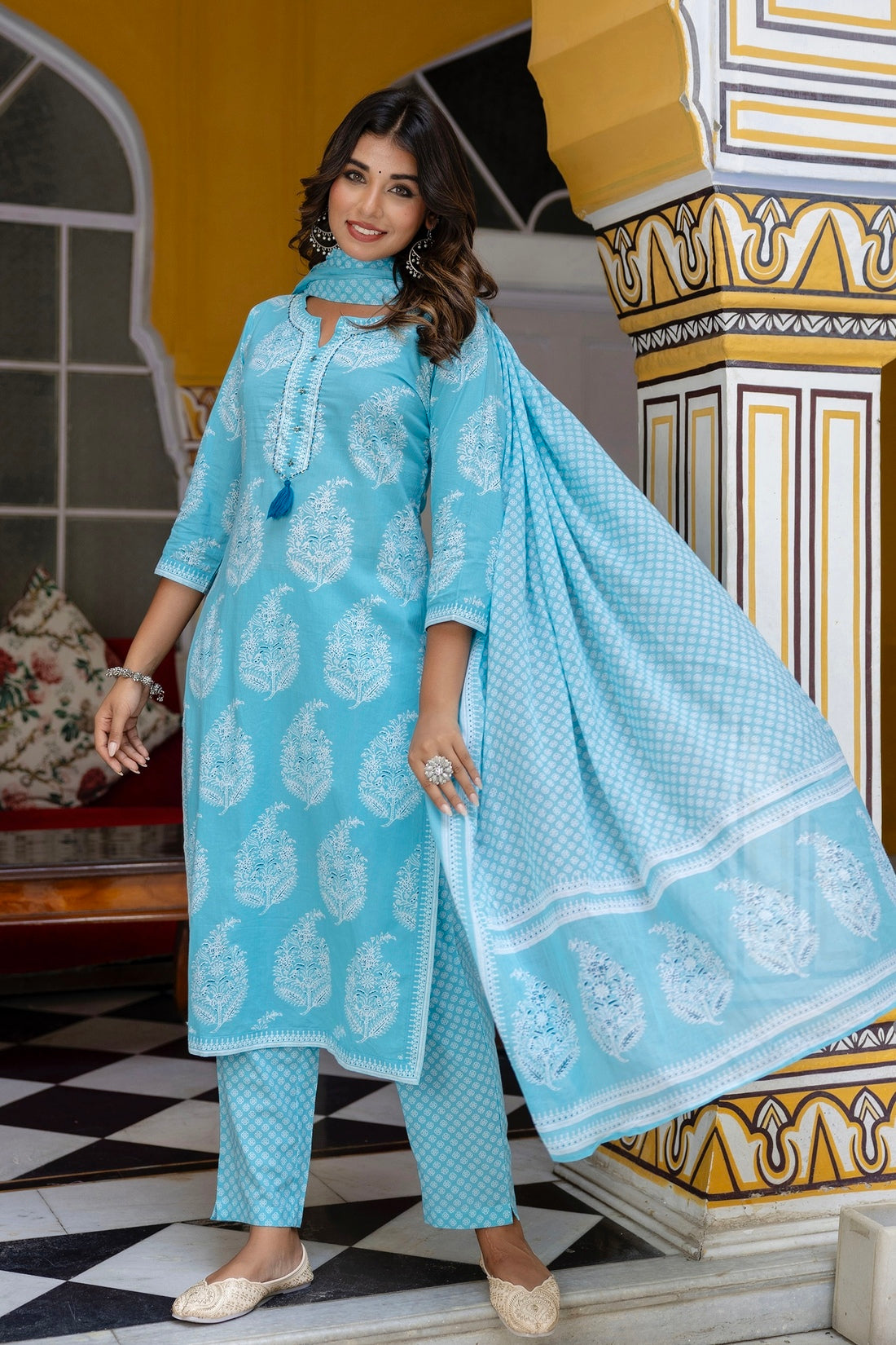 Bhumi - Sky Blue Printed Cotton Kurta Set with Dupatta