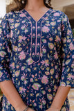 DISHA - Navy Blue Floral Cotton Kurta Set with Dupatta