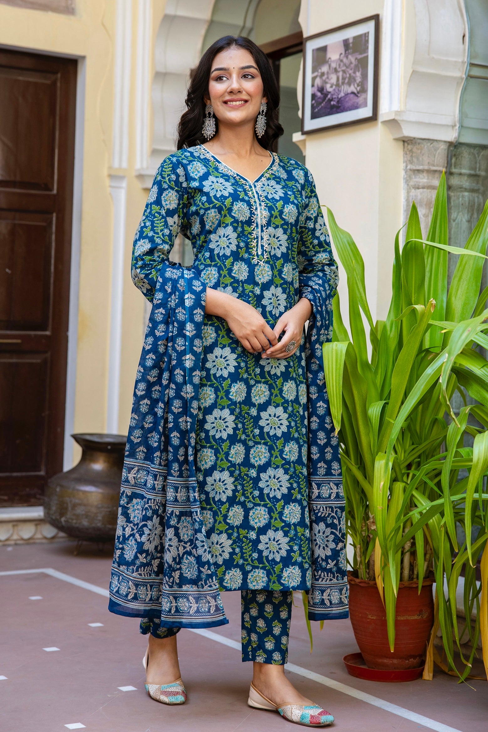 Lucia - Deep Blue Katha Work Cotton Kurta Set with Dupatta