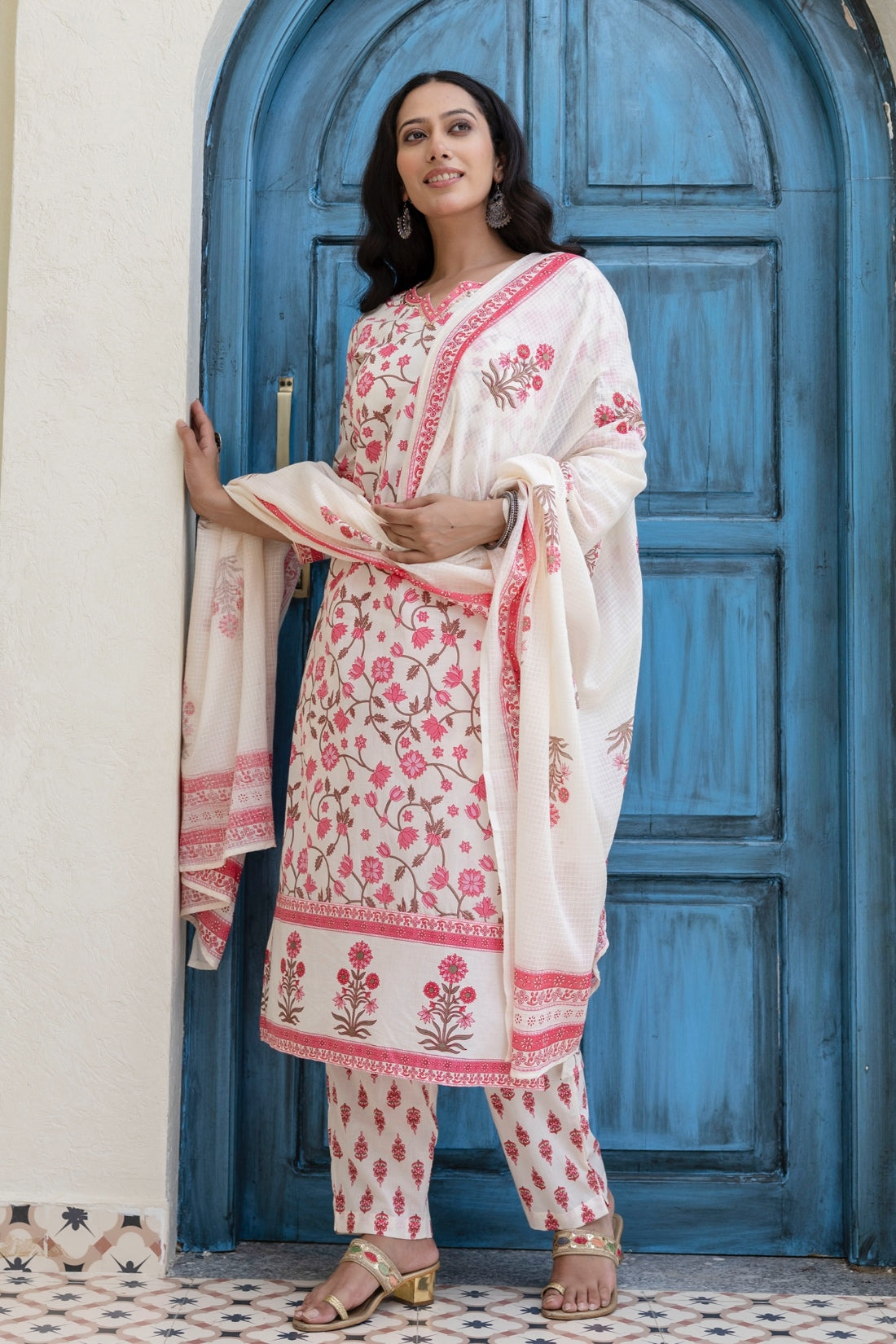 Off White and Pink Cotton Lined Kurta Set with Trousers and Dupatta