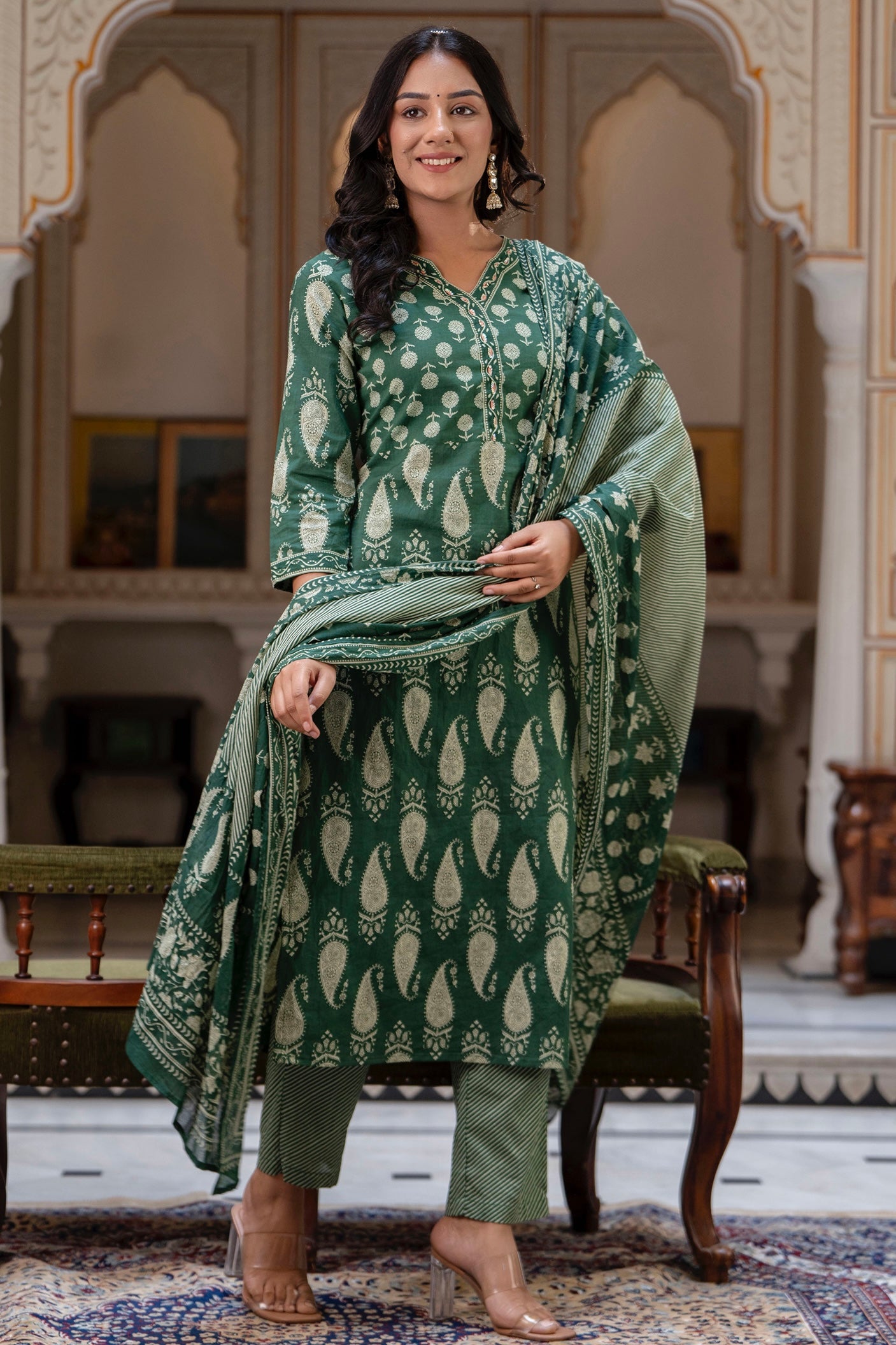 Kai - Bottle Green Ajrak Print Cotton Kurta Set with Dupatta