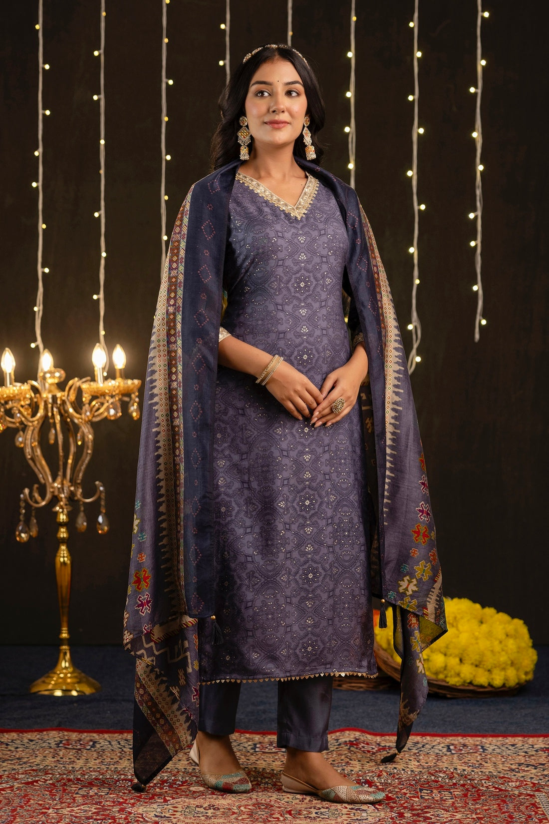 Janvi - Blue Printed Festive Silk Kurta Set with Dupatta