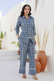 Vega - Blue Lace Details Shirt with Wide Pants Coord Set