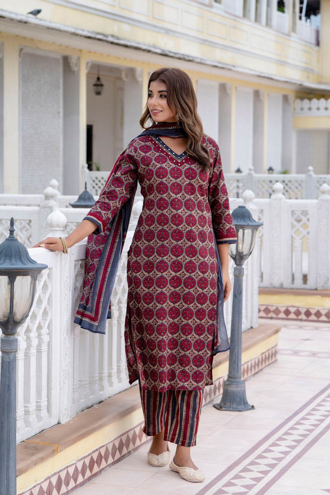 TARA - Maroon Motif Printed Kurta Set with Trouser and Dupatta