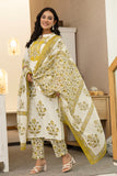 Yellow Motif Print Plackett Highlight Lined Kurta Set with Trousers and Dupatta
