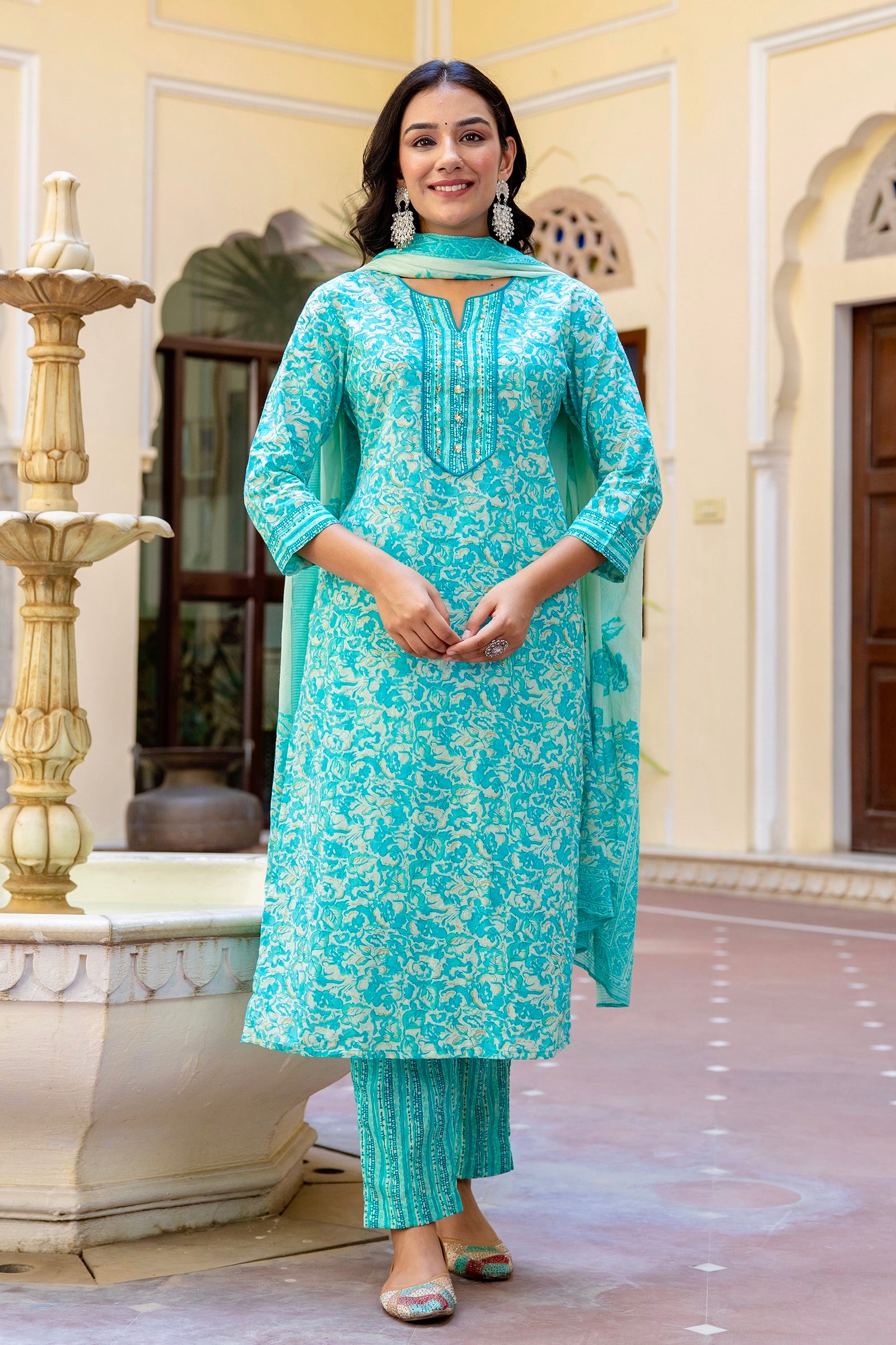 Alina - Sea Green Floral Printed Cotton Kurta Set with Dupatta