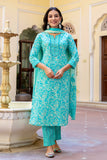 Alina - Sea Green Floral Printed Cotton Kurta Set with Dupatta