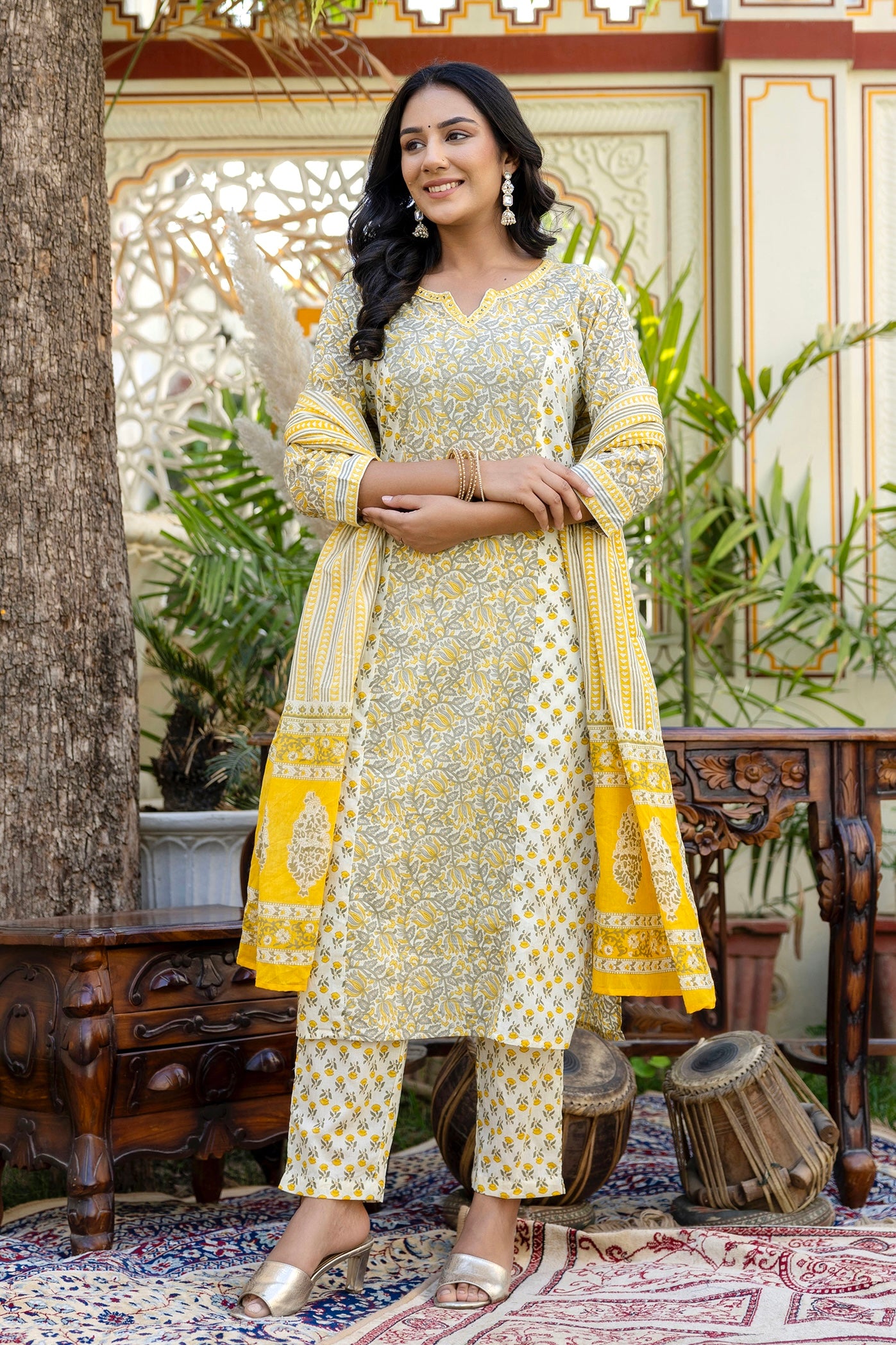 Mila - Yellow and Green Princess Cut Cotton Kurta Set with Dupatta