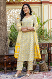 Mila - Yellow and Green Princess Cut Cotton Kurta Set with Dupatta