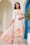 Off White and Pink Cotton Lined Kurta Set with Trousers and Dupatta