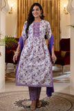 Saumya - Purple Floral Printed Side Slit Kurta Set with Dupatta