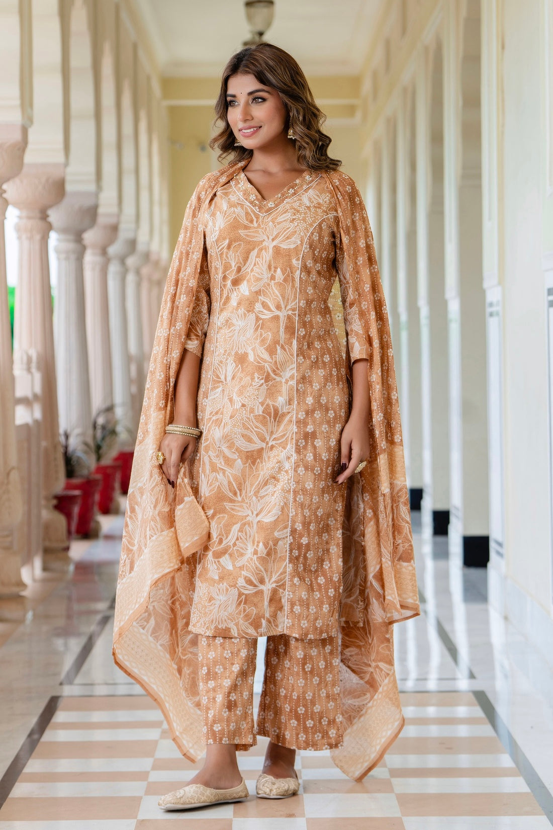 Nandita - Brown Floral Printed Kurta Set with Palazzo and Dupatta