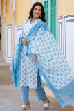 Ragini - Blue and Off-White Pure Cotton Kurta Set with Dupatta