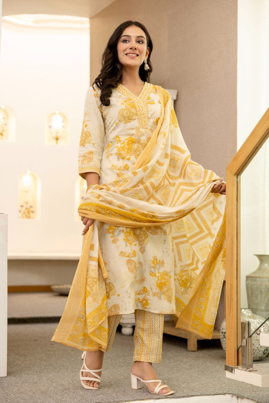 Mustard Abstract Print Cotton Kurta Set with Trousers and Dupatta