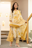 Mustard Abstract Print Cotton Kurta Set with Trousers and Dupatta
