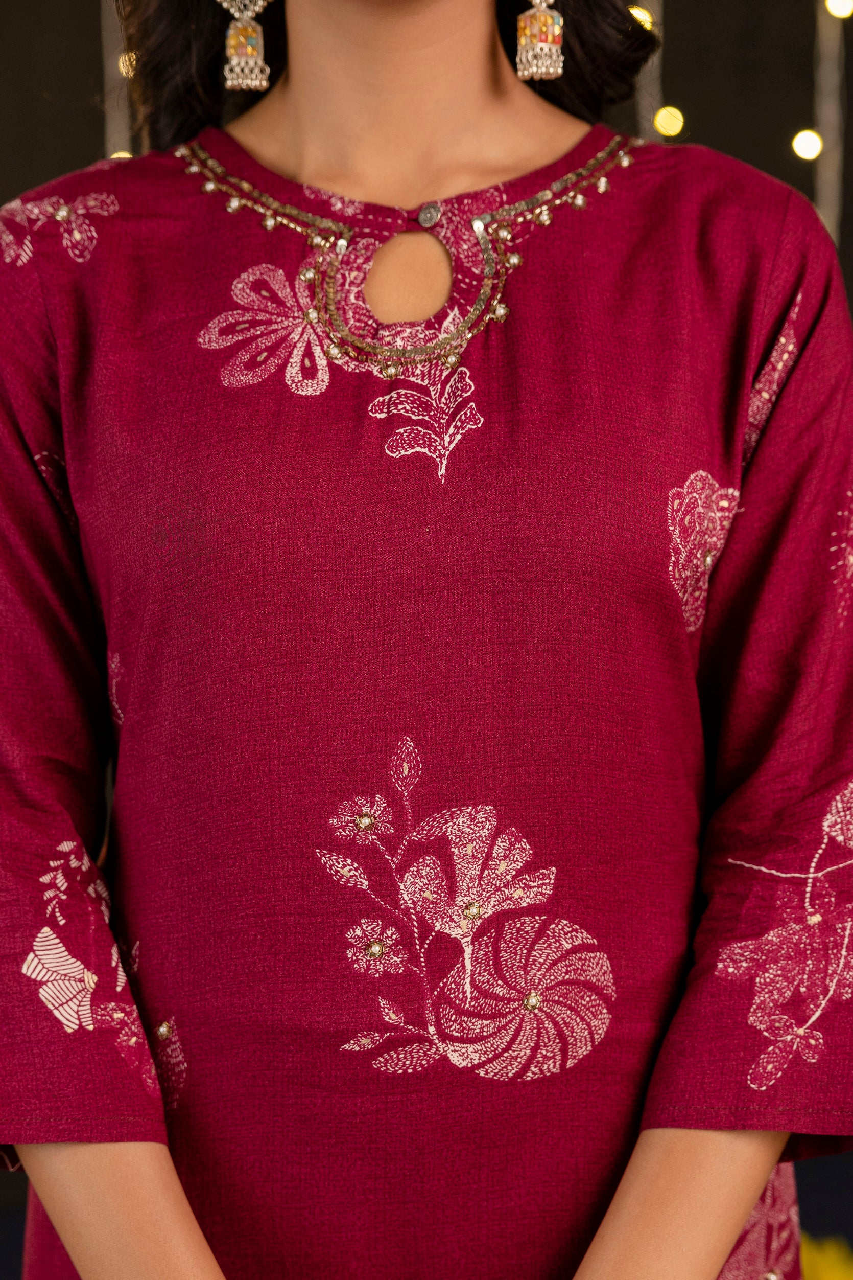 Vaani - Maroon Printed Festive Silk Kurta Set with Dupatta