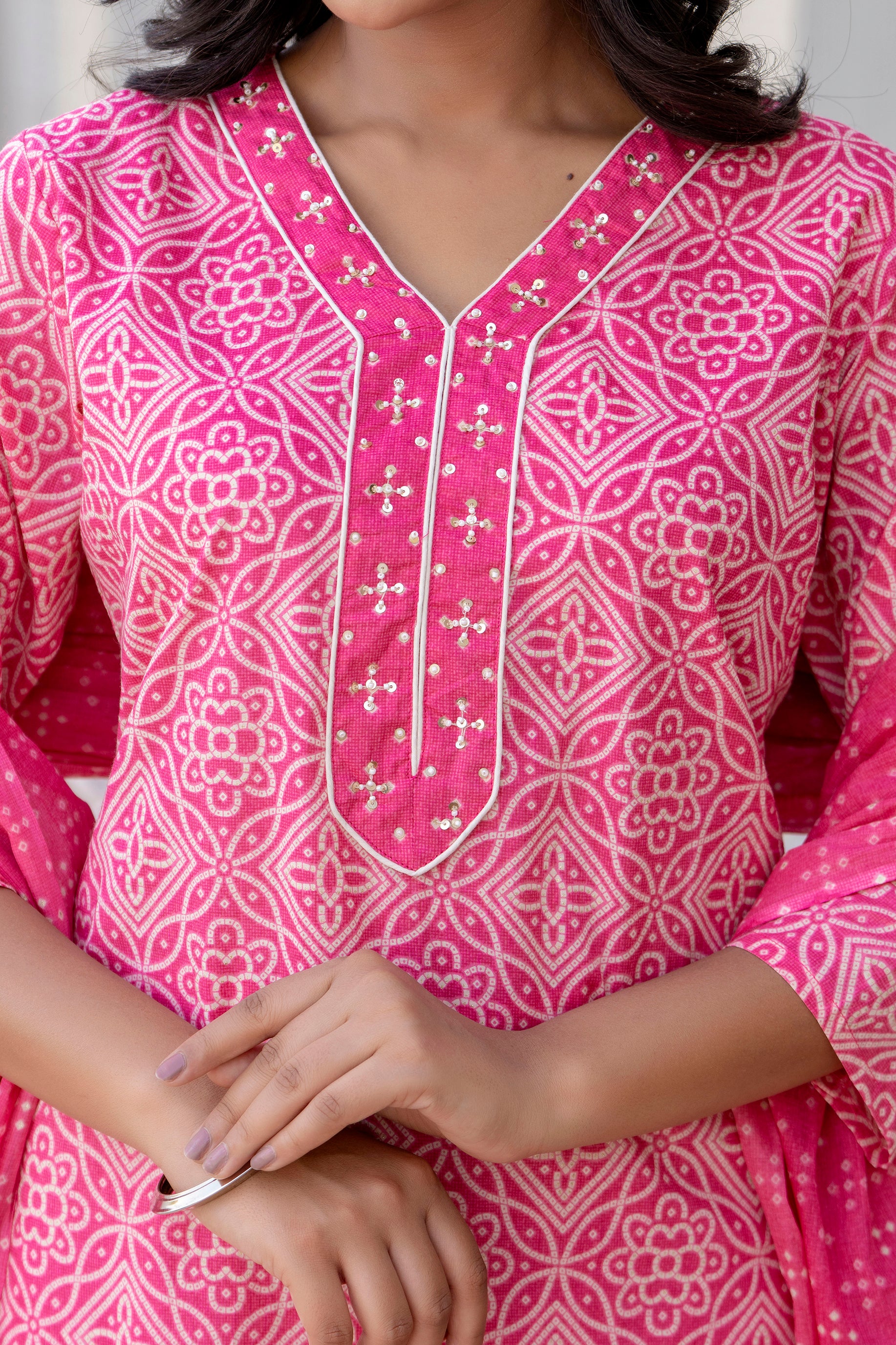 Nia -Pink Bandhej Print Festive Cotton Kurta Set with Dupatta