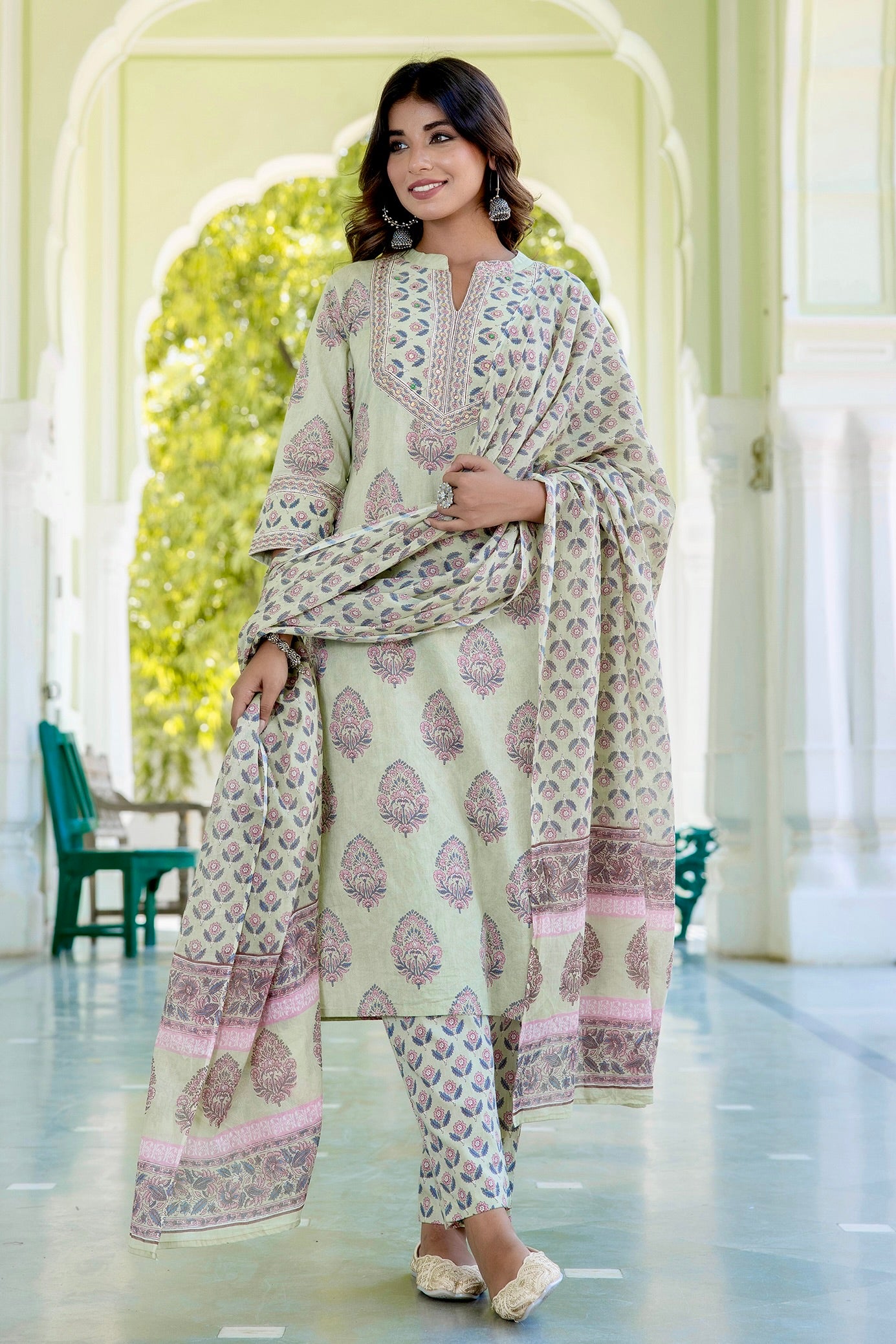 Cordelia - Green Motif Printed Yoke Design Cotton Kurta Set with Dupatta