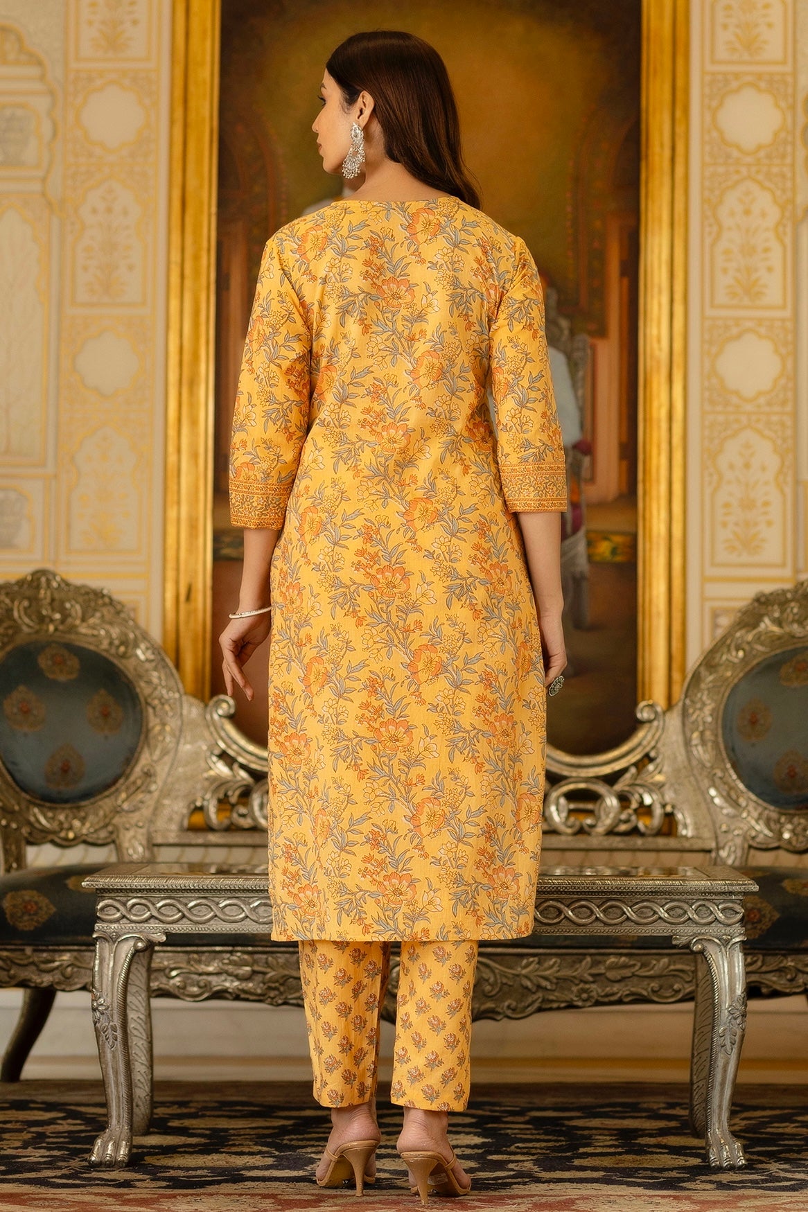 Suhani - Mustard Yellow Floral Printed Cotton Kurta Set with Dupatta