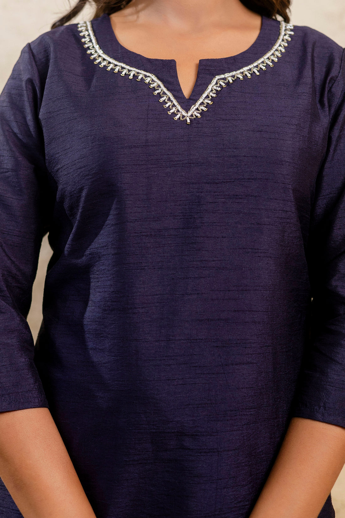 Asha - Navy Blue Embellished Silk Kurta