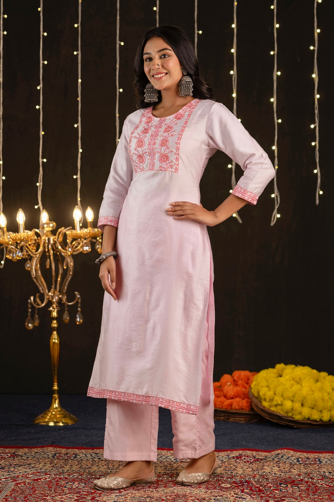 Shloka - Pink Silk Embroidered Kurta