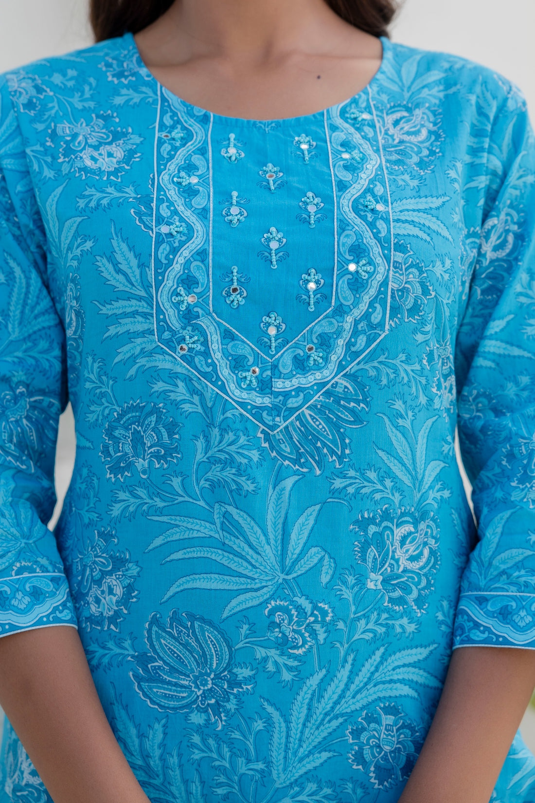 Sky Blue Floral Printed Cotton Kurta Set with Trousers and Dupatta
