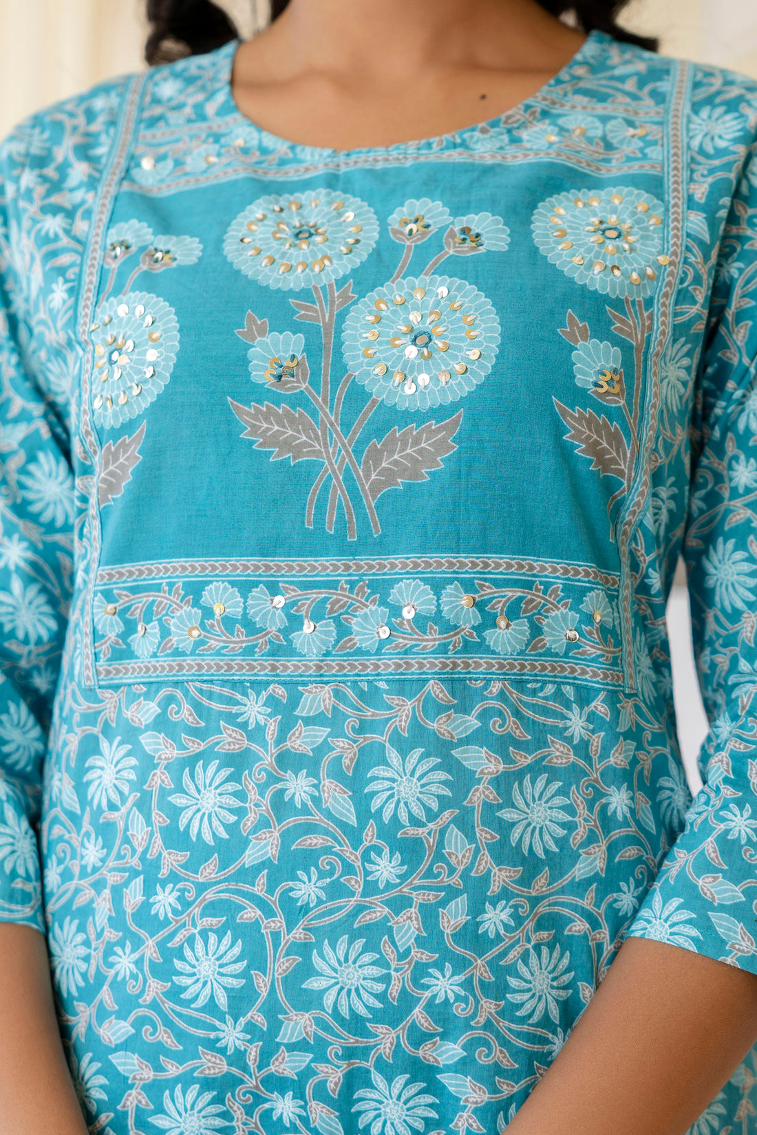 Blue Yoke Highlighted Floral Cotton Kurta Set with Trousers and Dupatta