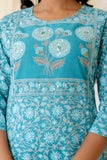 Blue Yoke Highlighted Floral Cotton Kurta Set with Trousers and Dupatta