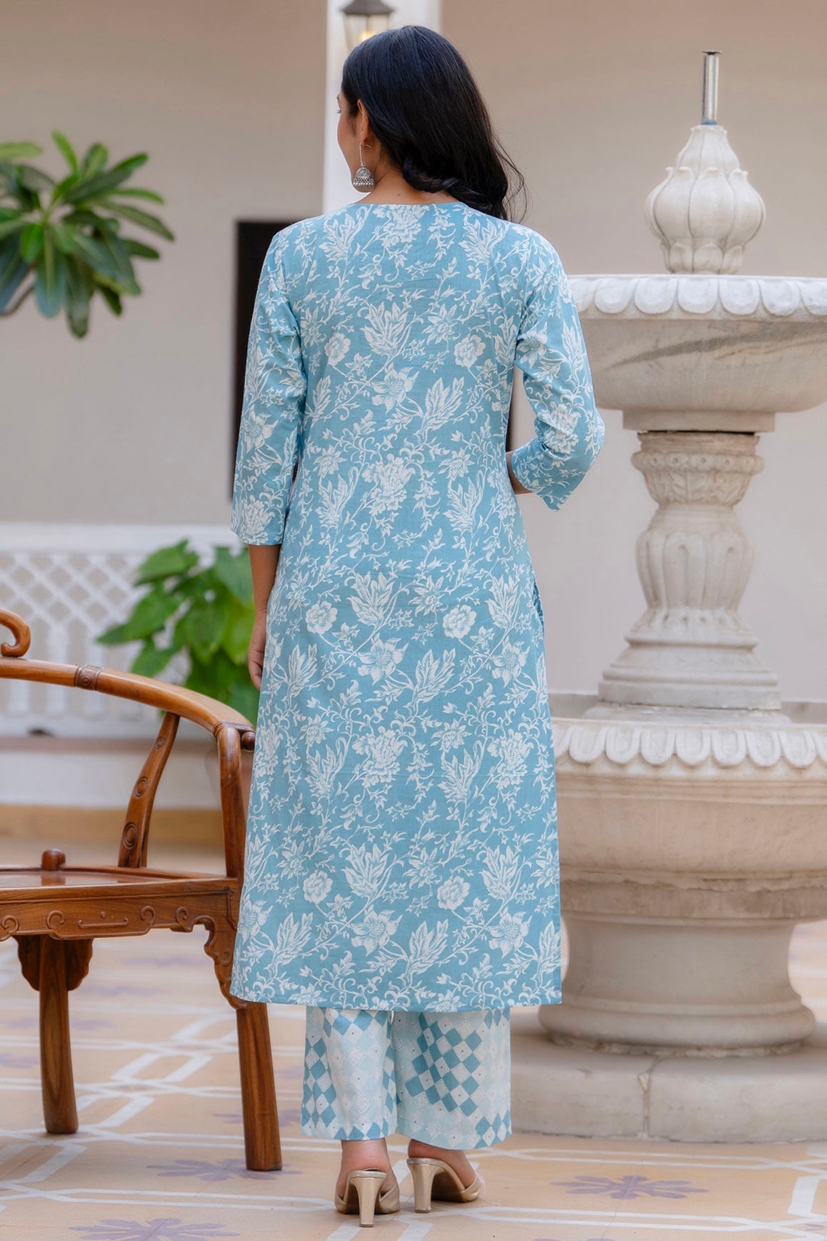 Aruna - Blue Embroidery Neckline Straight Cotton Kurta with Palazzo and Dupatta