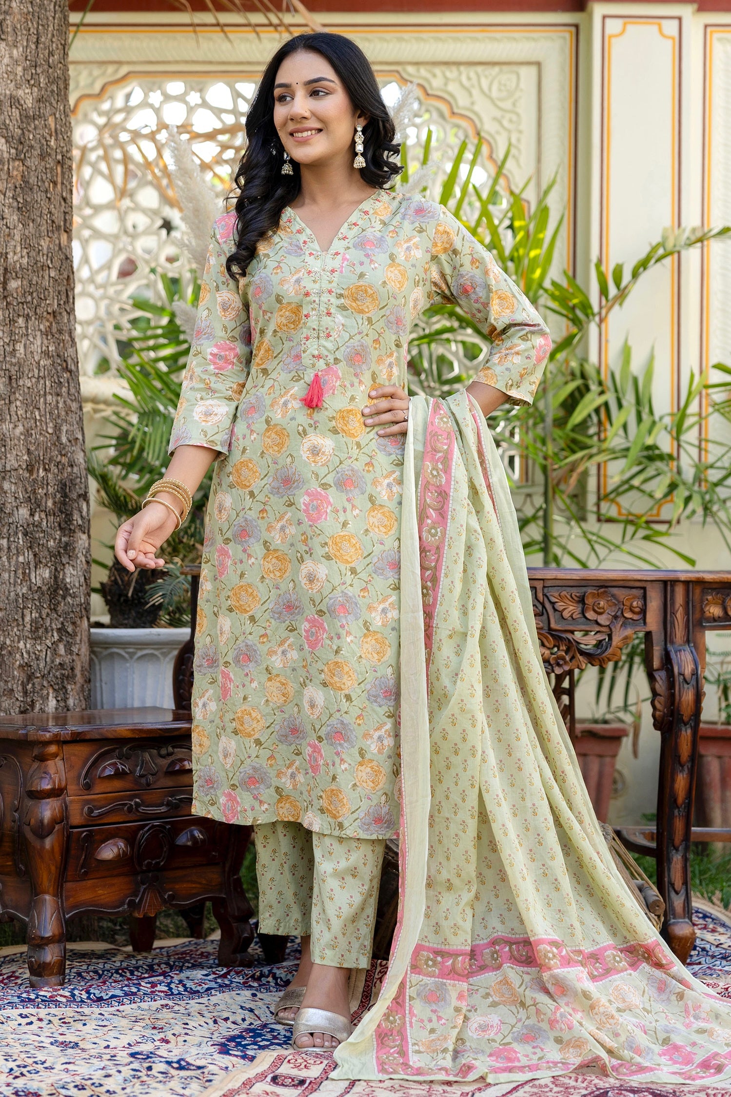 Anya - Mint Green Floral Printed Cotton Kurta Set with Dupatta