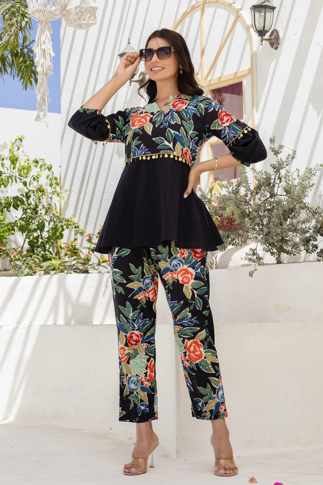 Nuri - Black Embellished Peplum Top with Pants Coord Set