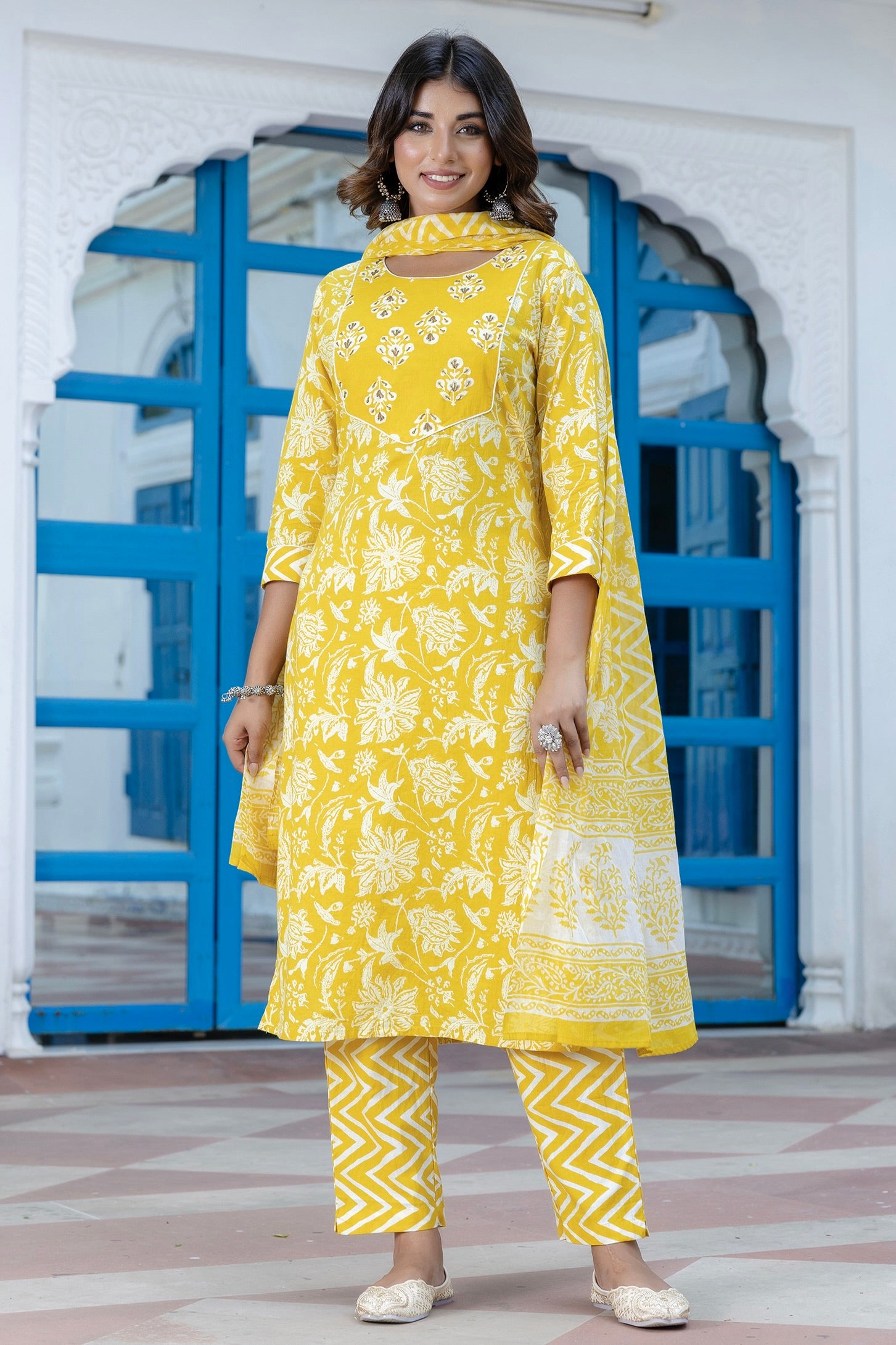 Jaya - Yellow Yoke Design Printed Cotton Kurta Set with Dupatta