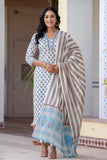 Eliana - Blue and White Collar Neck Cotton Kurta Set with Dupatta