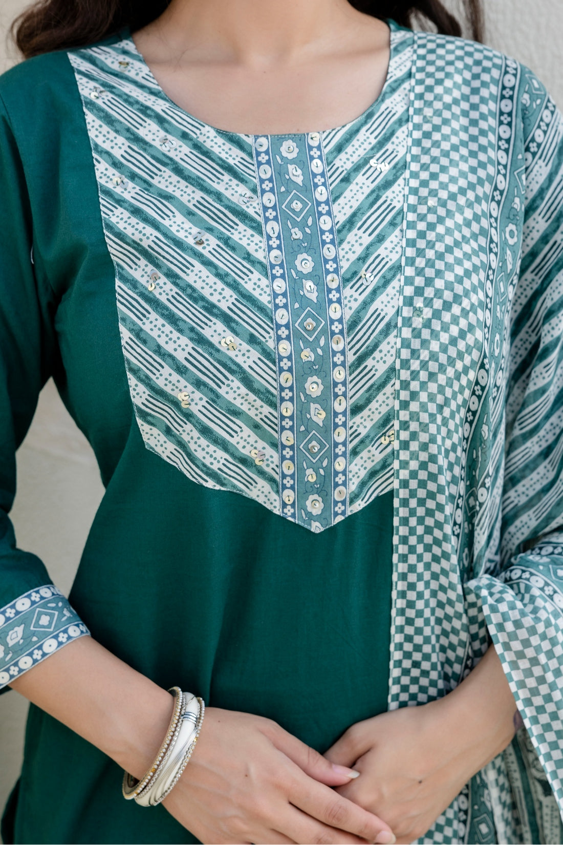 Bottle Green Solid Yoke Design Kurta Set with Trousers and Dupatta