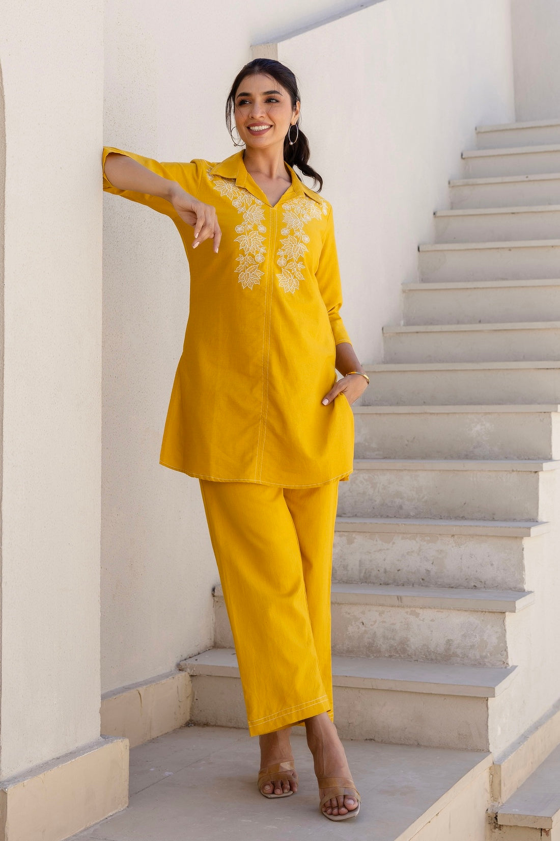 Amaris - Yellow Cotton Flex Solid Embroidered Coord Set