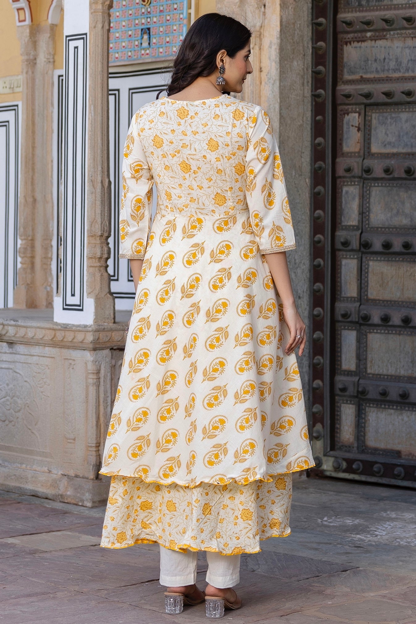 Aadya - Off-White and Yellow Printed Double Flare Anarkali Suit Set