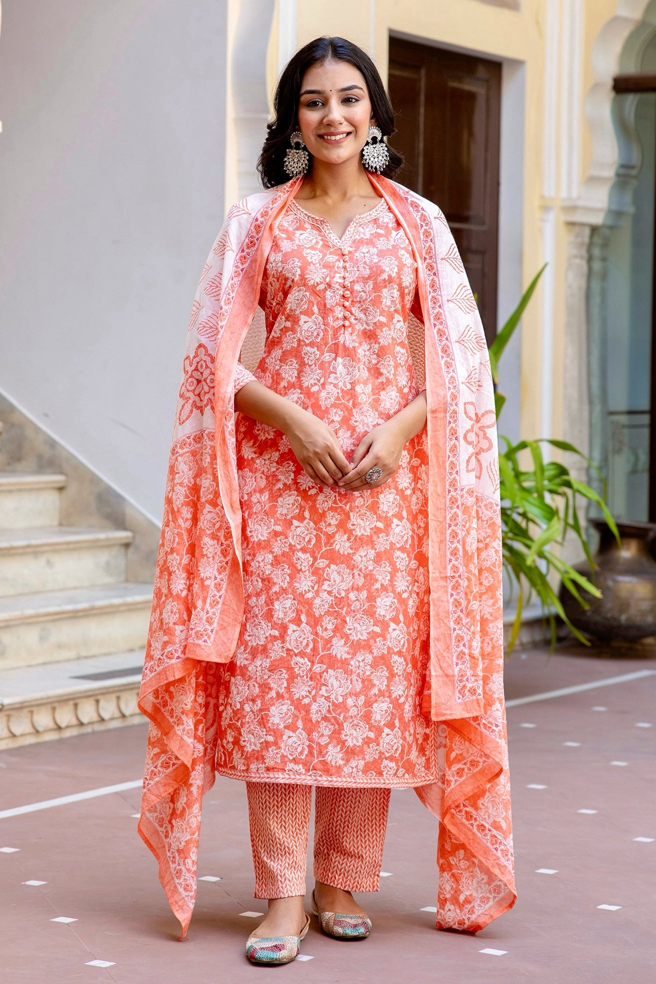 Ishanya - Peach Neck Highlights Printed Cotton Kurta Set with Dupatta