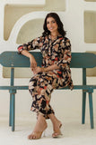 Sarina - Brown Floral Printed Lace Detail Kurti with Wide Pants Coord Set