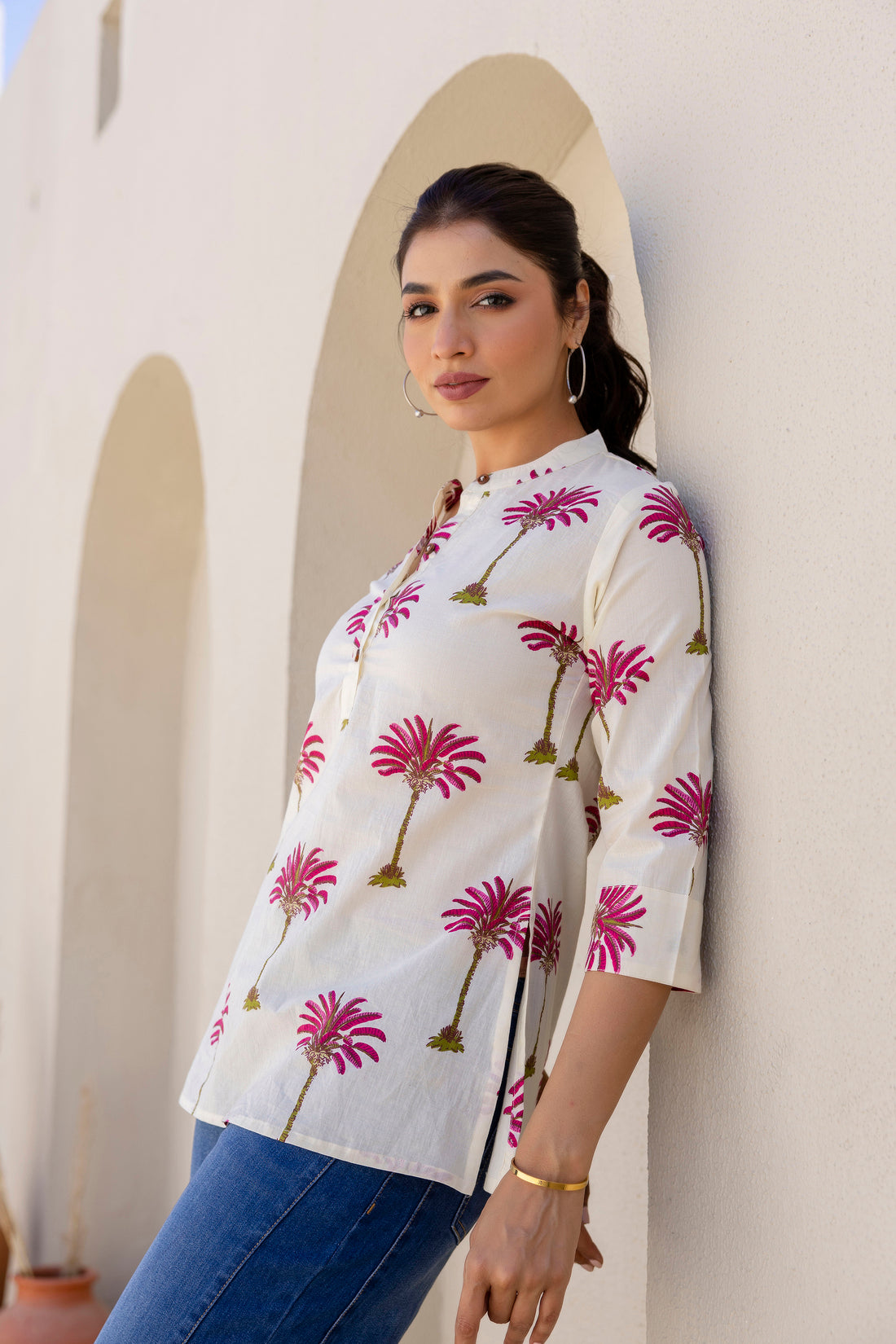 Evadyne - Cream Palm Tree Printed Cotton Short Kurti
