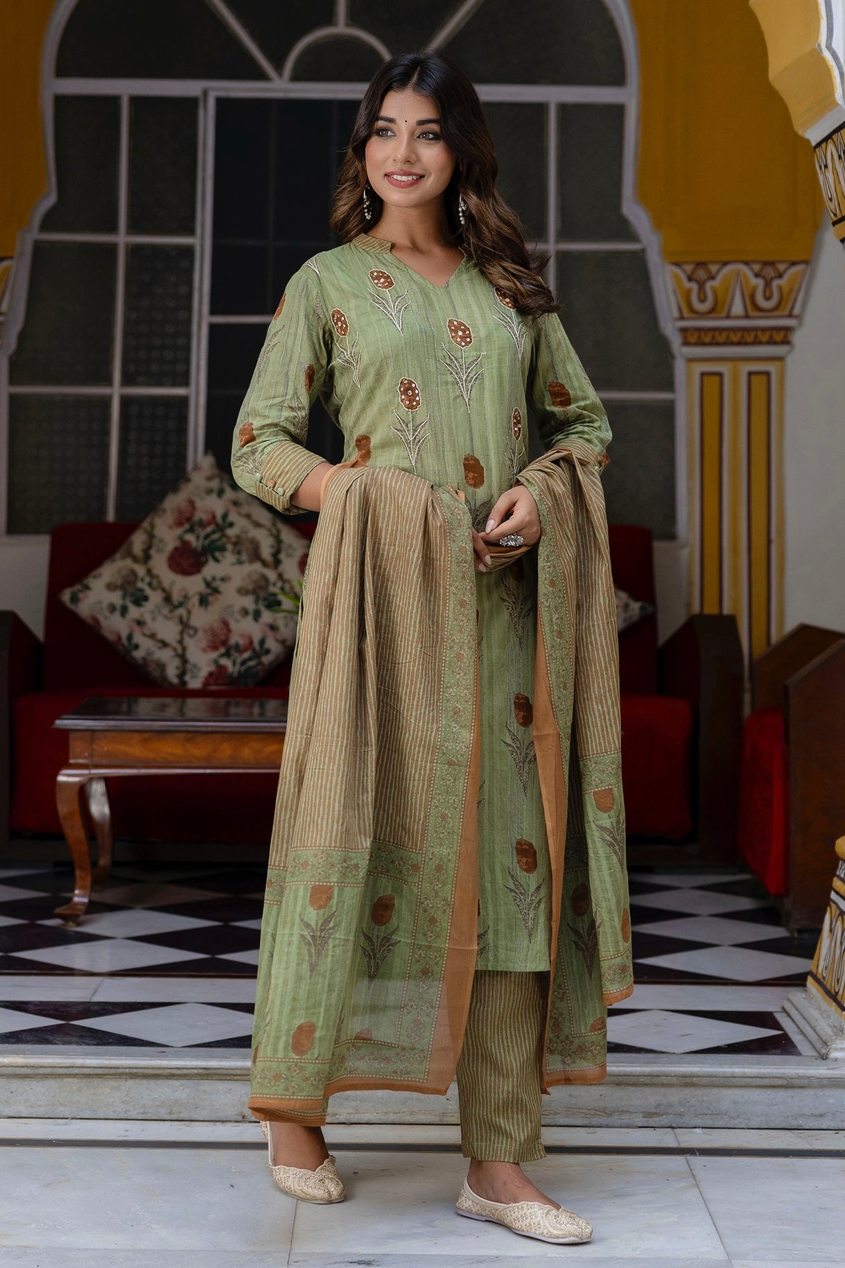 Mehar - Green Collar Neck Cotton Kurta set with Dupatta