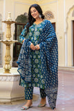 Lucia - Deep Blue Katha Work Cotton Kurta Set with Dupatta