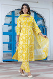 Jaya - Yellow Yoke Design Printed Cotton Kurta Set with Dupatta