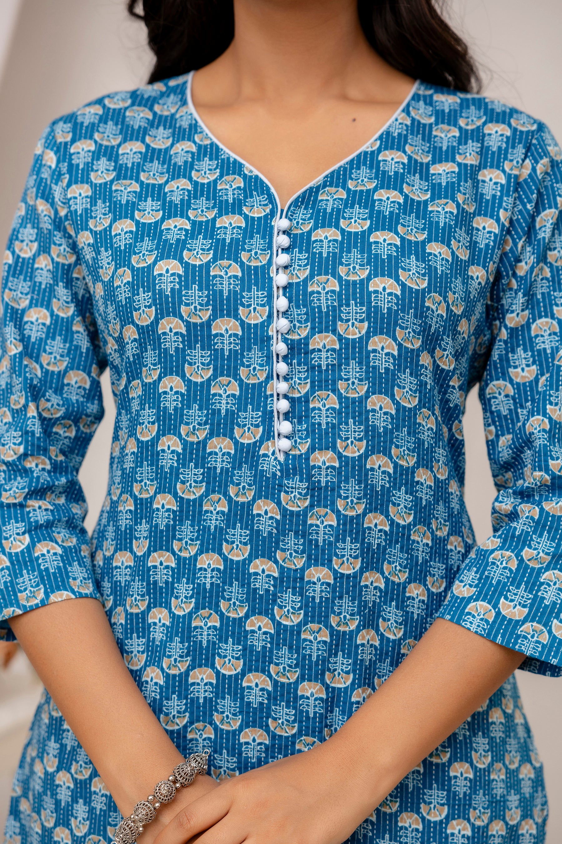 Adah - Blue Cotton Katha Printed Everyday Kurta
